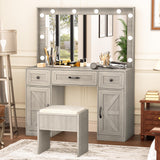 Greenvelly Makeup Vanity Table with Lighted Mirror, Grey Vanity Desk with 3 Lighting Modes and Stool Set, Dressing Table with Drawers, Vanity Desk for Women and Girls' Bedroom Greenvelly