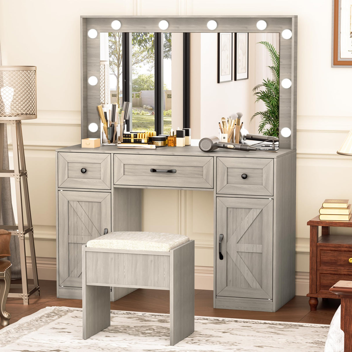 Greenvelly Makeup Vanity with Lights, Grey Farmhouse Vanity Desk with Lighted Mirror, 3 Lighting Modes, Brightness Adjustable, Dressing Table with Drawers, Vanitys Table Set for Women, Girls Greenvelly