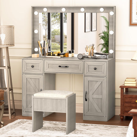 Greenvelly Makeup Vanity with Lights, Grey Farmhouse Vanity Desk with Lighted Mirror, 3 Lighting Modes, Brightness Adjustable, Dressing Table with Drawers, Vanitys Table Set for Women, Girls Greenvelly