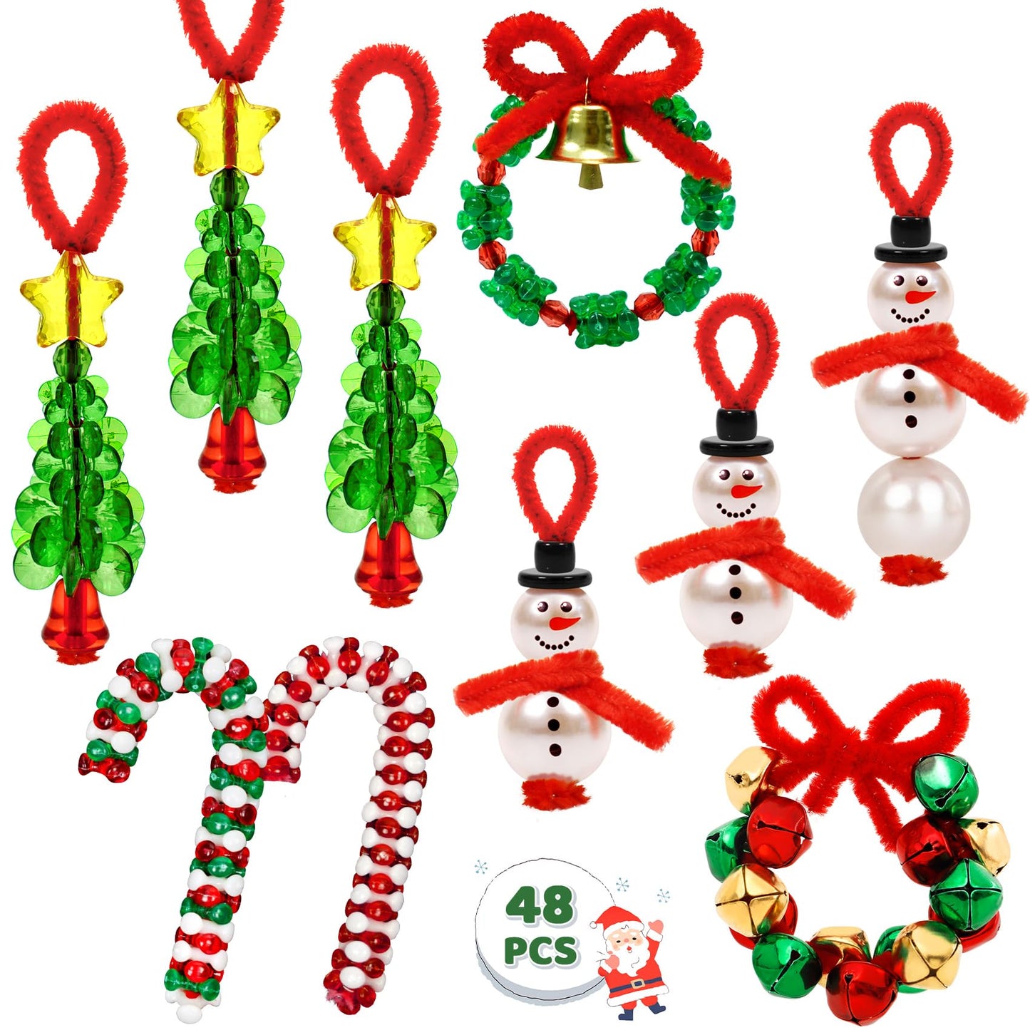 48 Sets Christmas Crafts for Kids Adults, Beaded Ornament Kits to Make 12 PCS Snowman/12 PCS Tree/12 PCS Wreath/12 PCS Candy Cane Xmas Holiday Hanging Tree Decorations Party Supplies(Assembly Needed)