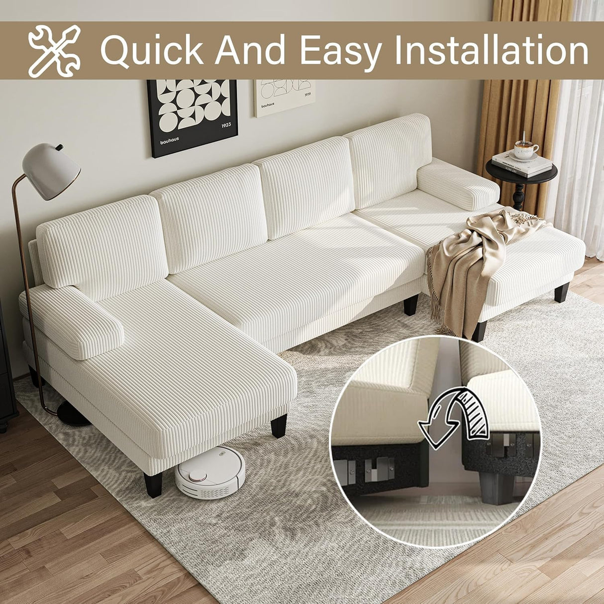 112'' Corduroy U Shaped Couch with Sleeper Lounge Chaise, 4 Seat Modern Comfy Sectional Sofa Couches for Living Room Spacious Space Apartment Office (112'' Corduroy White) ASAHREE