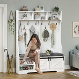 UPOSOJA Hall Tree with Bench and Shoe Storage, Entryway Bench with Coat Rack, Modern Farm House Barn Door 3-in-1 Hall Tree with Storage Cushioned Bench Stool and Hooks for Hallway, Living Room (60IN) UPOSOJA