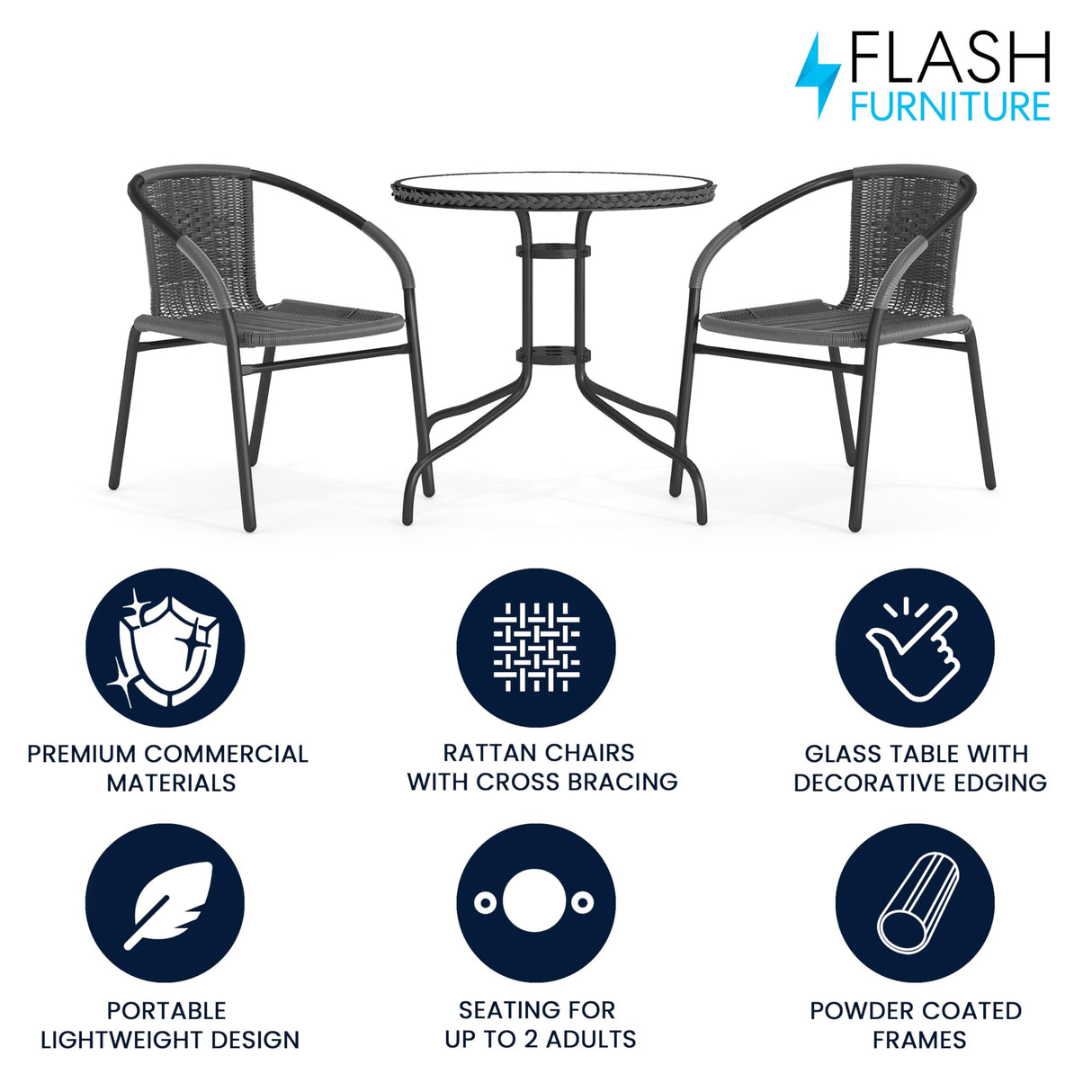 Flash Furniture 3-Piece Patio Dining Set with Round Glass Metal Table and 2 Stackable Rattan Chairs, Indoor/Outdoor Bistro Table and Chairs Set, Gray Flash Furniture