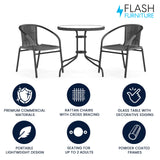 Flash Furniture 3-Piece Patio Dining Set with Round Glass Metal Table and 2 Stackable Rattan Chairs, Indoor/Outdoor Bistro Table and Chairs Set, Gray Flash Furniture