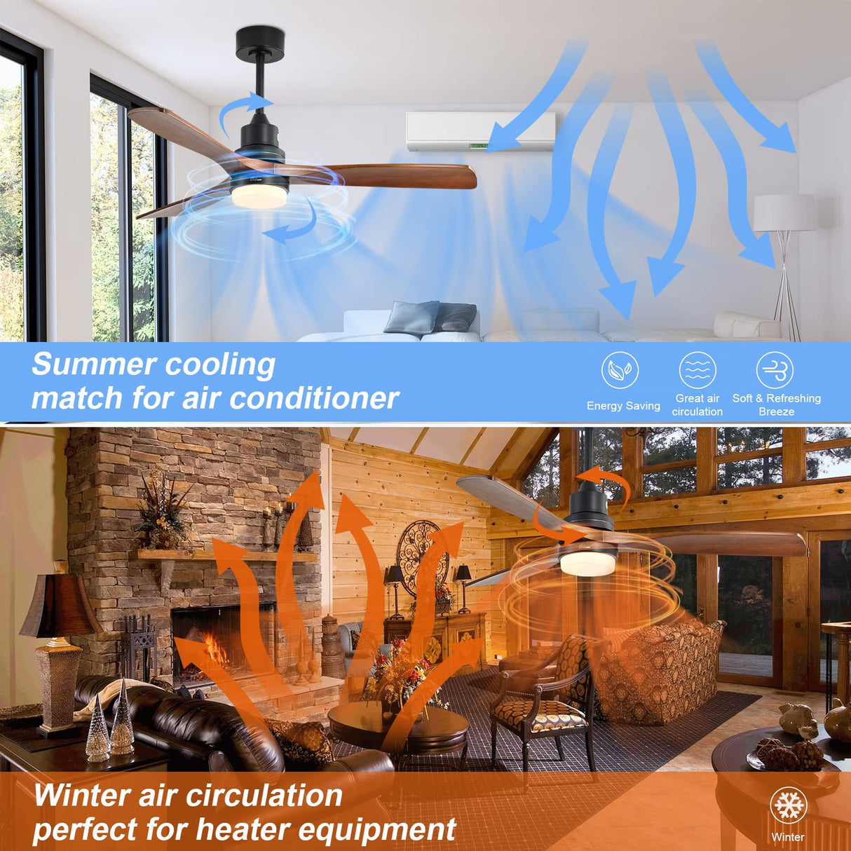 Sofucor 52" Ceiling Fan with Lights Remote Control, 3 Poles for Indoor Outdoor Ceiling Fan with Remote, Reversible Noiseless ETL Motor, 3 Walnut Wooden Blades Sofucor