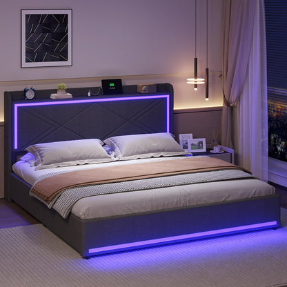 Queen Bed Frame with RGB LED Lights Headboard & USB-C/A Charging Station, Modern Upholstered Platform Bed with Storage Drawers, Heavy Duty Steel Slats, No Box Spring Needed, Dark Gray