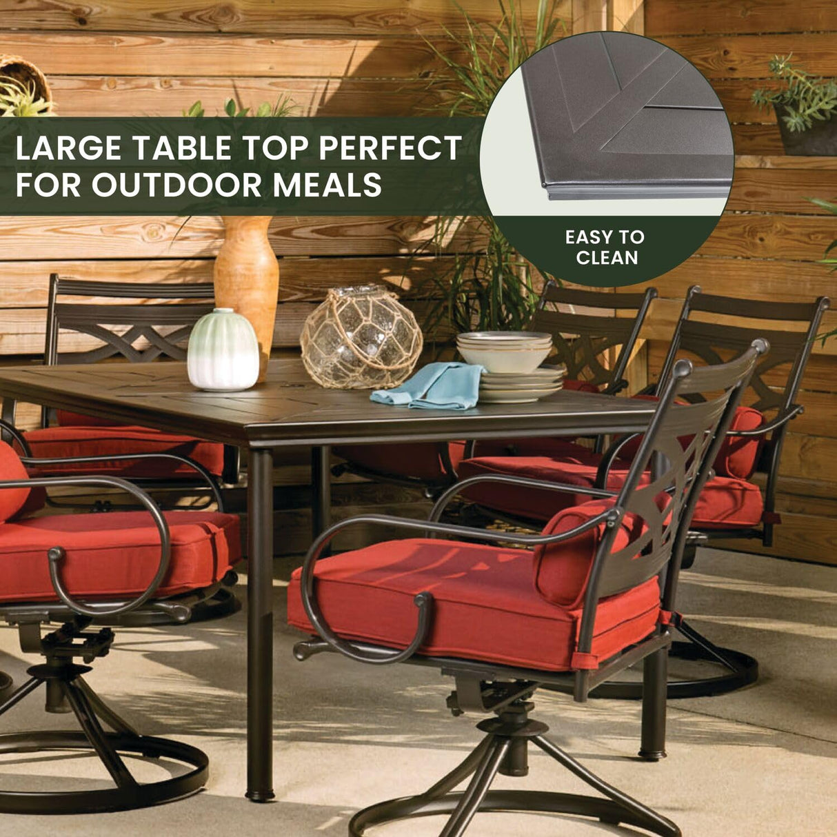 Hanover Montclair 7-Piece Outdoor Dining Set with 6 Swivel Rockers, Chili Red Cushions and Stamped Steel Rectangular Dining Table, Patio Dining Set for 6, Premium All-Weather Patio Furniture for Deck Hanover