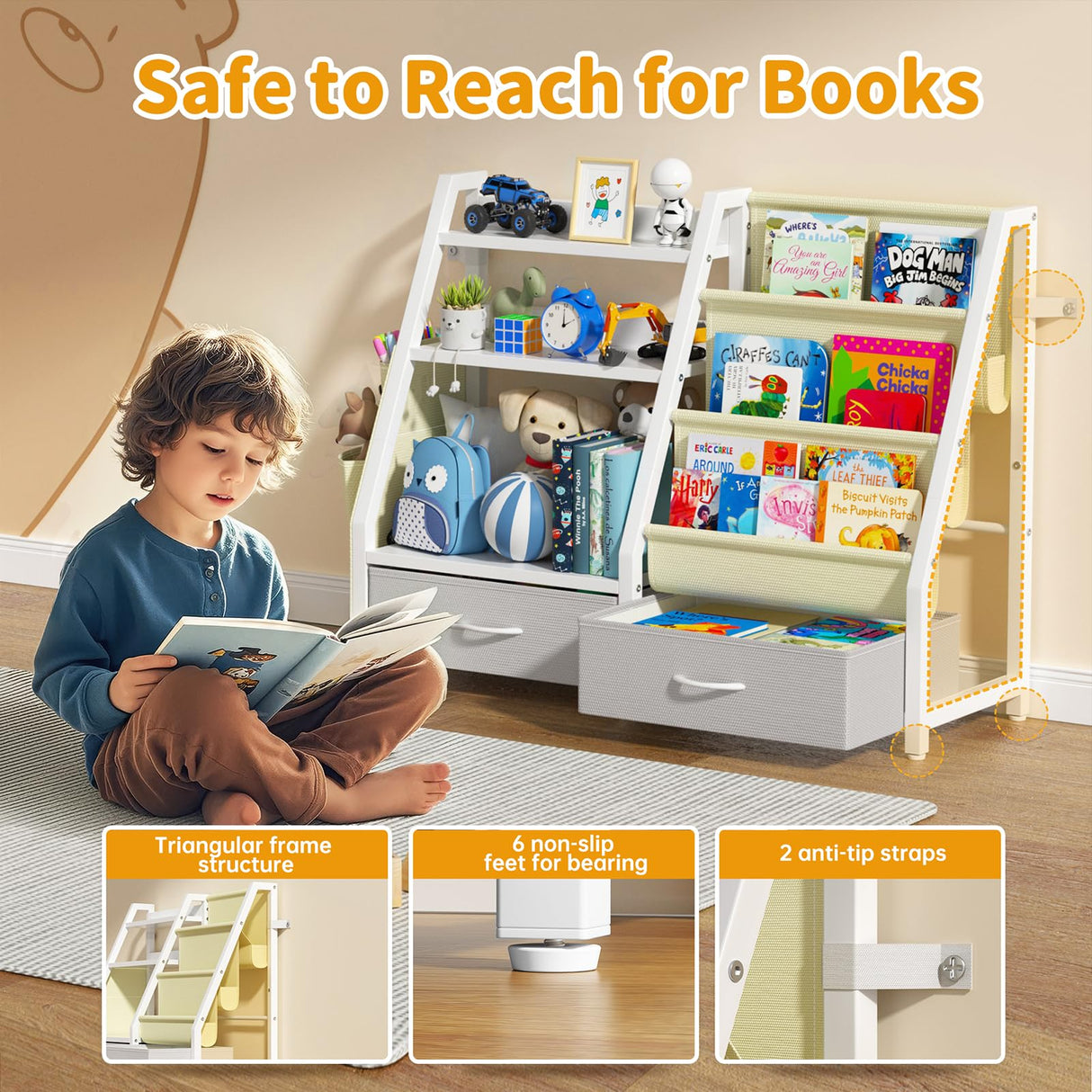 Twinkoo Kids Bookshelf and Toy Organizer, Sturdy 3 Tier Kids Bookcase, Sling Bookshelf and 2 Toy Bins, Toddler Montessori Book Shelf with Toy Storage Organizer for Children Room, Playroom, Nursery Twinkoo
