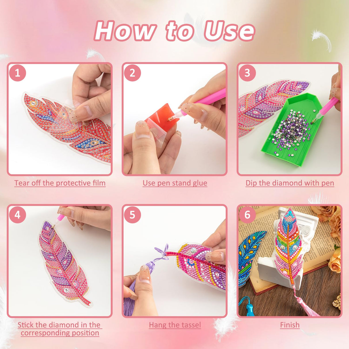 6 Pcs 5D Diamond Painting Art Kit, DIY Acrylic Crystal Diamond Bookmarks with Tassel, Flower & Feather Designs, Handmade Crafts BookMark Gift for Book Lovers, Women & Teenage, Creative Decor emmoolife