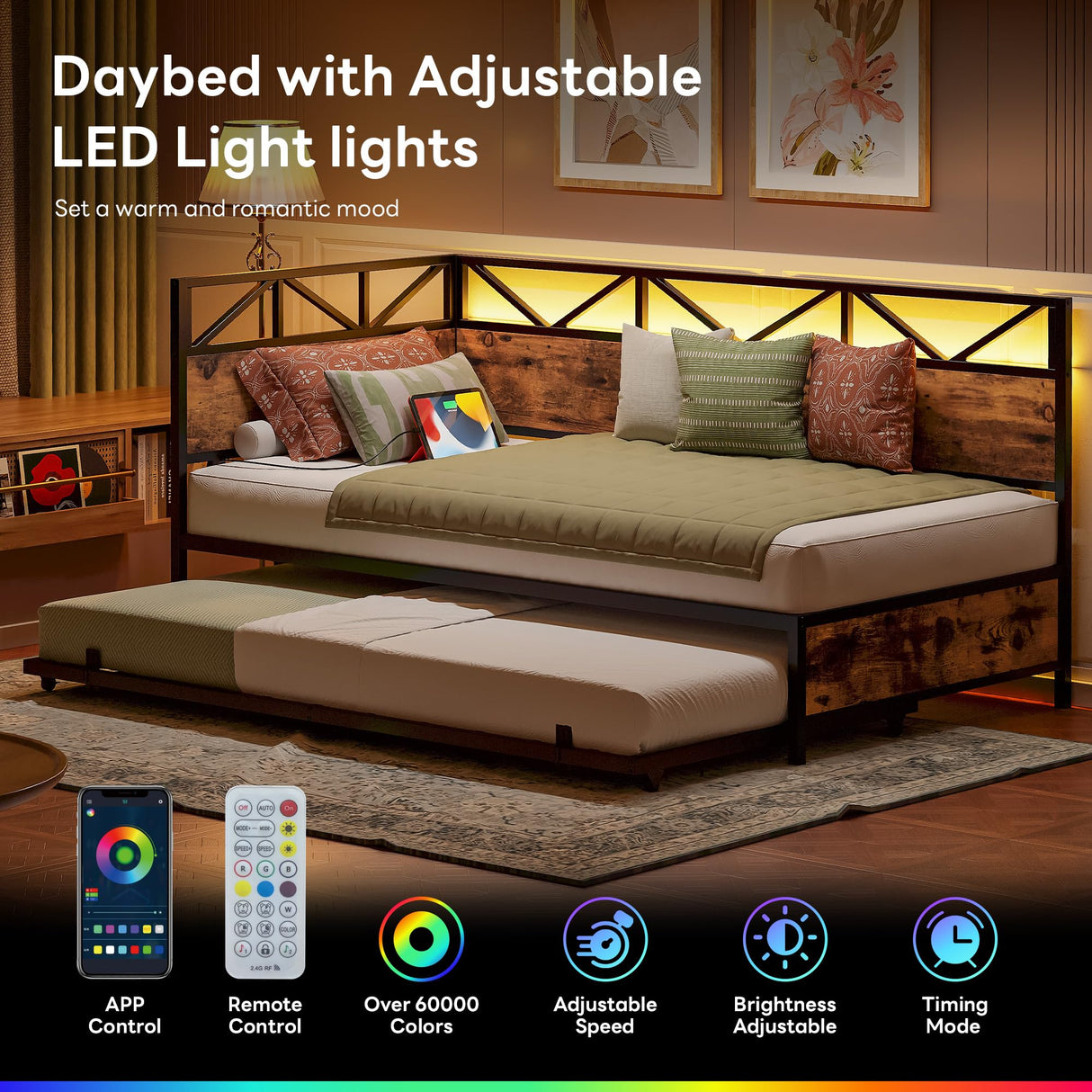 LIKIMIO Daybed with Trundle, Metal Twin Size Bed Frame with Charging Station and LED Lights, Sofa Day Bed with Strong Supports for Living Room, Bedroom and Guest Room LIKIMIO