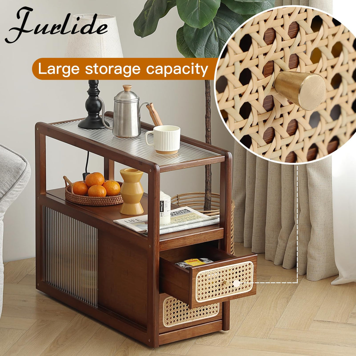 Furlide Rattan Side Table with Storage, Bamboo Nightstand Bedside Table, Glass Mid Century Modern End Tables for Small Spaces, Living Room, Bedroom，Walnut Furlide