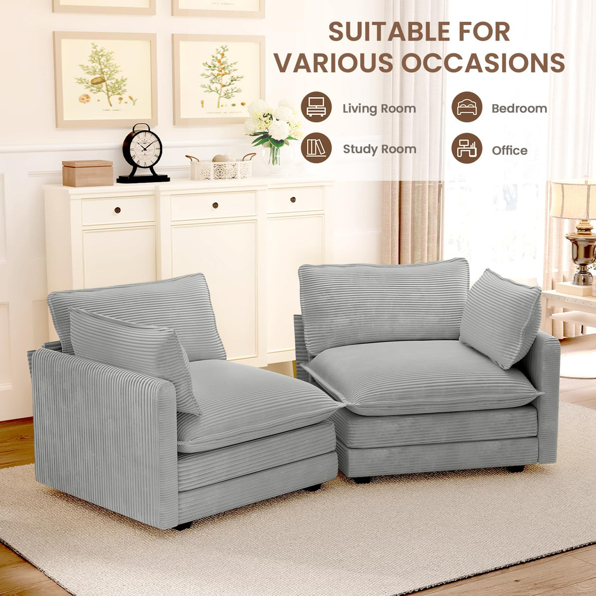 ROWHY 78'' Sectional 2 Seat Cloud Loveseat with 2 Throw Pillows, Modern Corduroy Love Seat, Cozy Sofa for Living Room, Office and Bedroom, Light Grey ROWHY