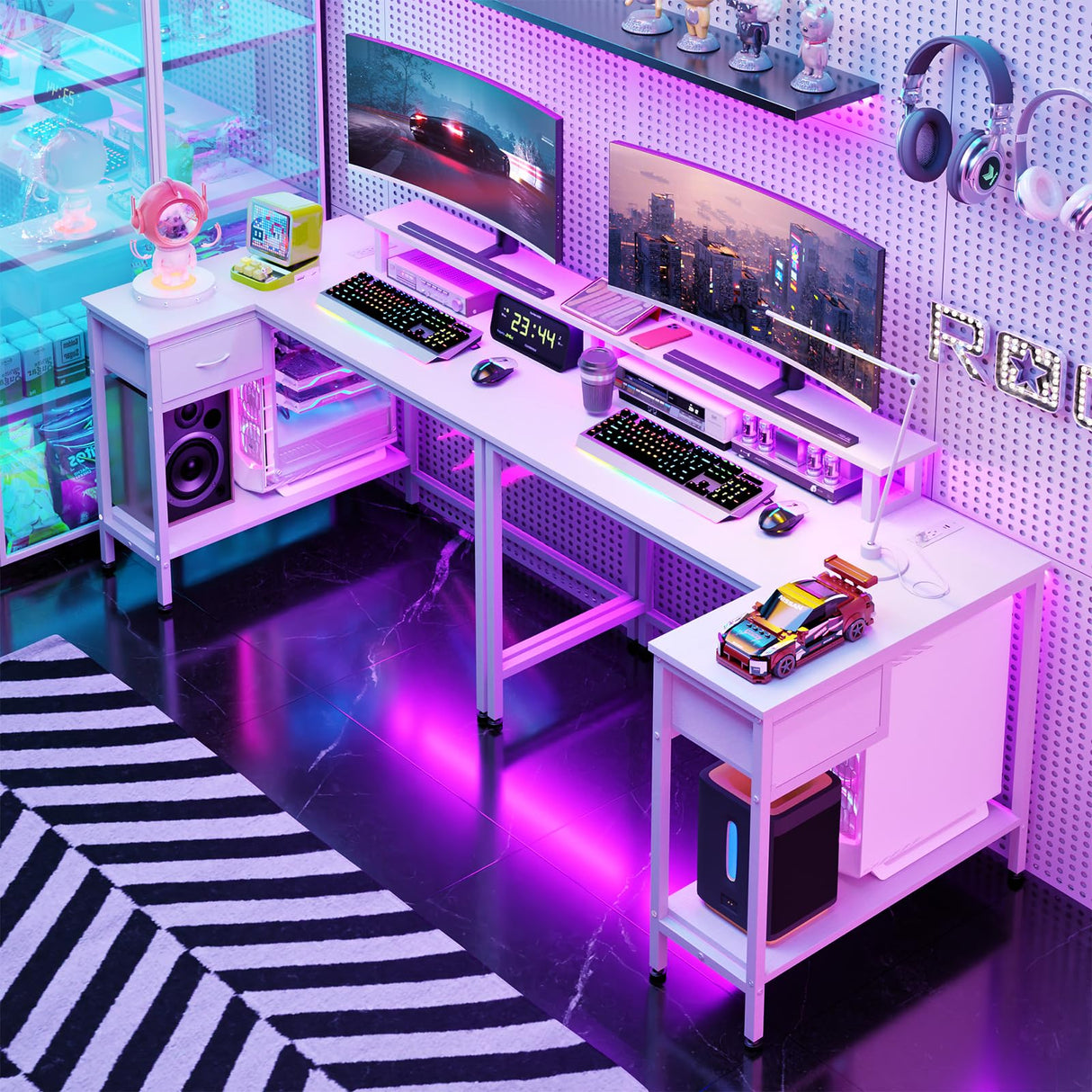 Fixwal L Shaped Gaming Desk with Power Outlets and LED Lights, 43 Inch Computer Desk with Charging Port, Small Corner Desk Table with Drawer and Shelf, Home Office Desk with Monitor Stand Fixwal