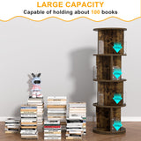 VECELO 4 Tier Revolving Bookshelf Tower, 360° Display Floor Standing Storage Rack with Acrylic Visible Window Partition for Bedroom, Living Room Home and Office, Brown VECELO
