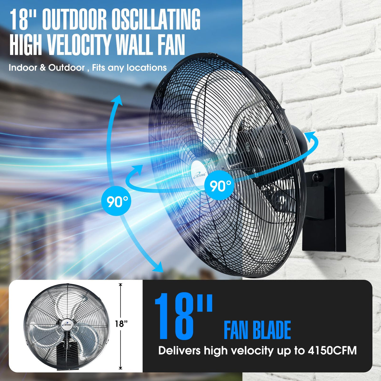 iLiving 18" Outdoor Oscillating High Velocity Wall Fan with 4150 CFM Heavy Duty Weatherproof Motor, Variable Speed Adjustment for Workshop, Garage, Patios, Commercial and industrial, 18 inch,Black iLiving