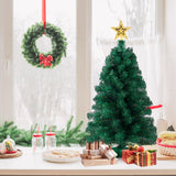 3ft Artificial Christmas Tree with Gold Tree Topper Star, Mini Xmas Pine Tree with 4-Leg Stable Plastic Base, Small Tabletop Christmas Decoration for Home Office Holiday Party Indoor Use FLAGLY