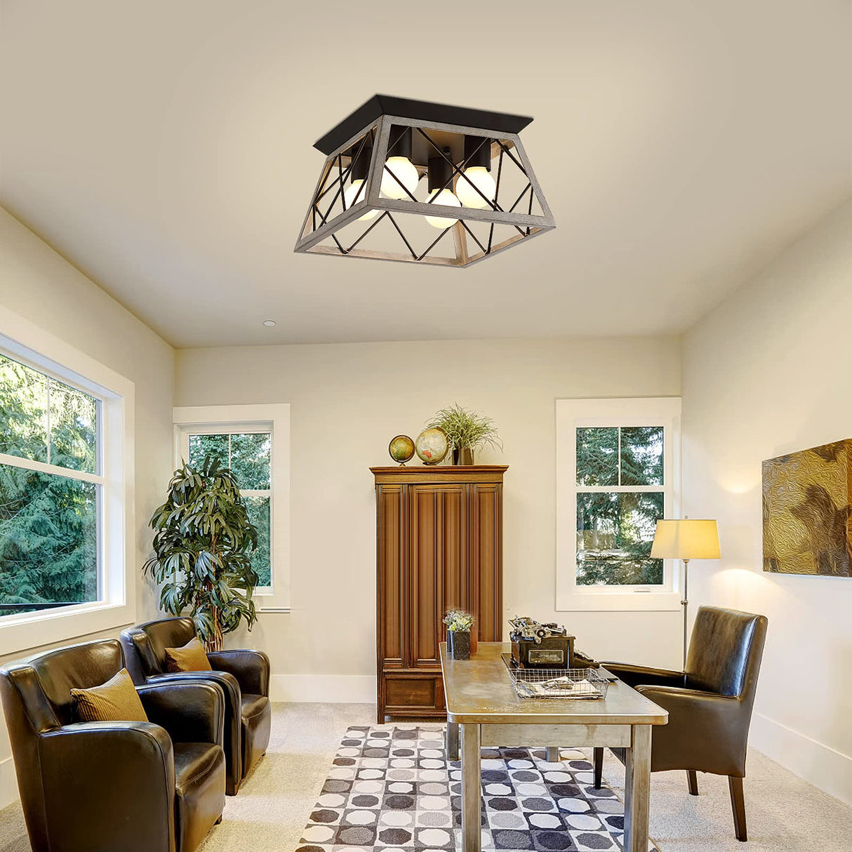 Q&S Farmhouse Ceiling Light Oak Semi Flush Mount Vintage 4-Light Square Rustic Island Light Fixtures for Entryway Hallway Dining Room Living Room Bedroom Q&S