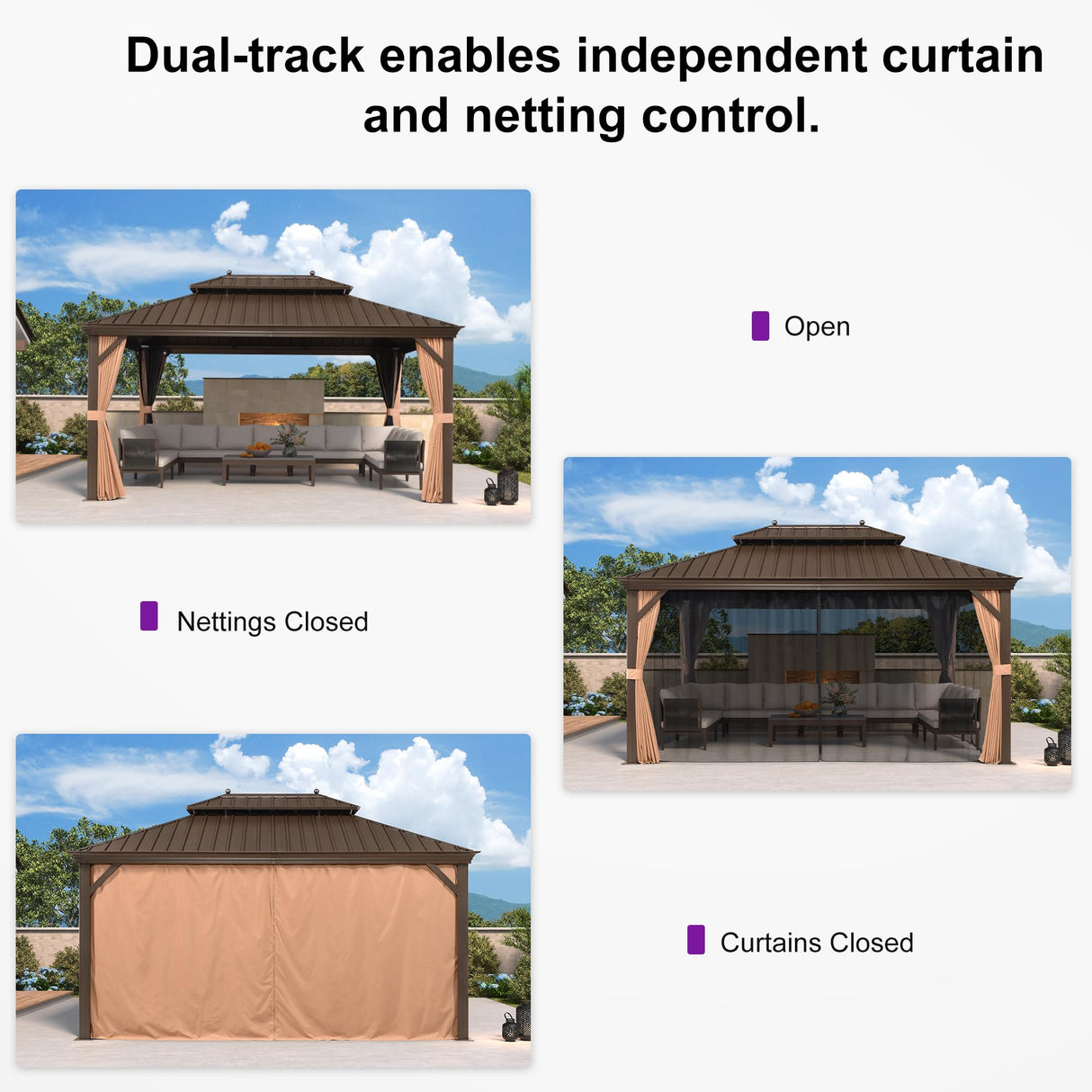PURPLE LEAF 11' X 15' Outdoor Hardtop Gazebo Patio Wide Aluminum Frame Metal Double Roof with Heavy Duty Netting and Curtains for Permanent Hard Top Pavilion Screen, Khaki PURPLE LEAF