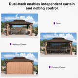 PURPLE LEAF 11' X 15' Outdoor Hardtop Gazebo Patio Wide Aluminum Frame Metal Double Roof with Heavy Duty Netting and Curtains for Permanent Hard Top Pavilion Screen, Khaki PURPLE LEAF