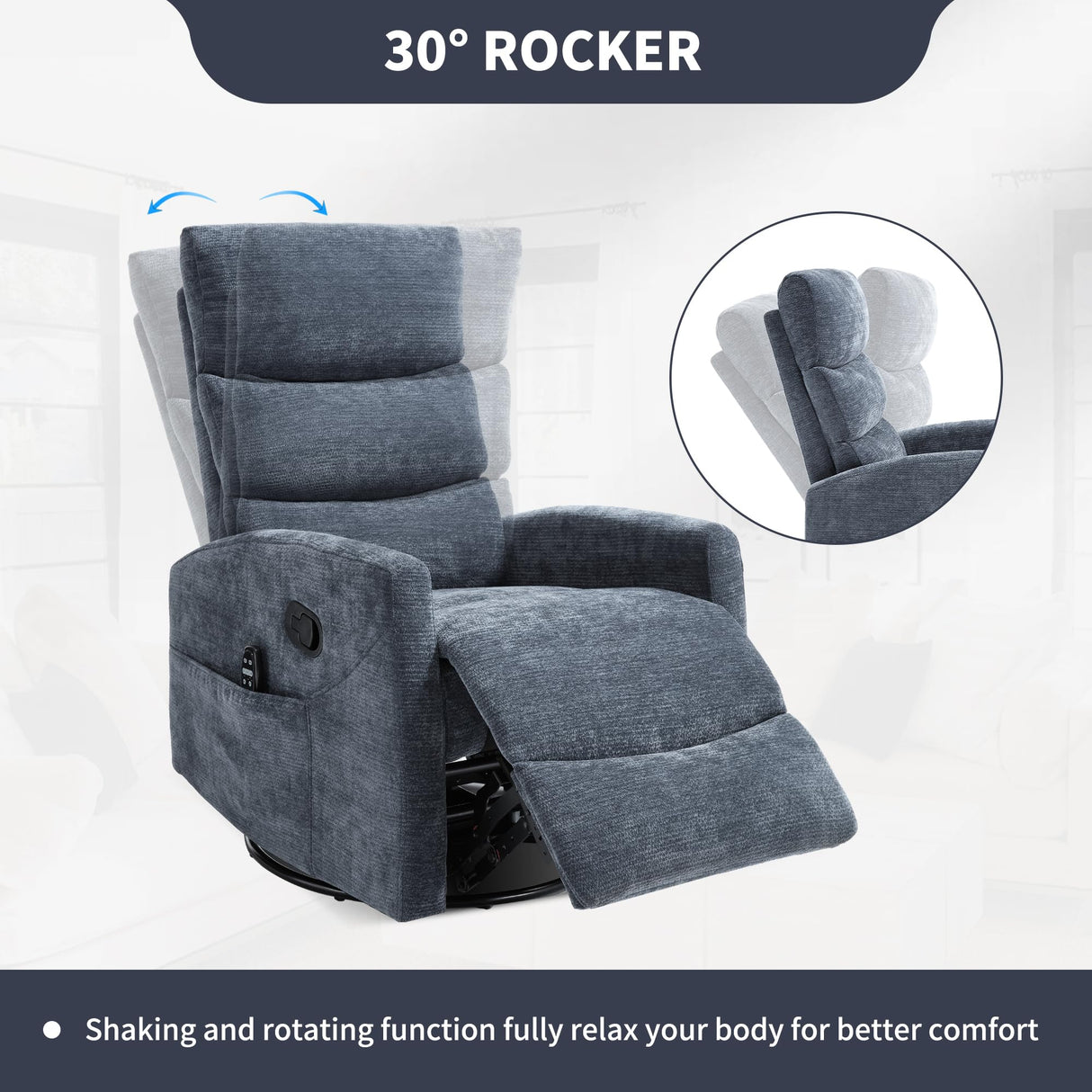 Trustyue Swivel Rocker Recliner Chair, 360° Swivel Recliner with Heat and Massage, Rocker Recliner Upholstered Fabric Nursery Glider Recliner Chair with Side Pockets for Living Room Blue Trustyue
