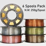 MIKA3D 6 Spools 1.75mm Silk PLA 3D Printer Filament Bundle, 6 Metallic Shiny Colors: Gold/Silver/Copper/Bronze/Coffee Gold/Rose Gold, Each Spool 250g X 6 Spools, Total 1.5Kg 3D Printer Material MIKA3D