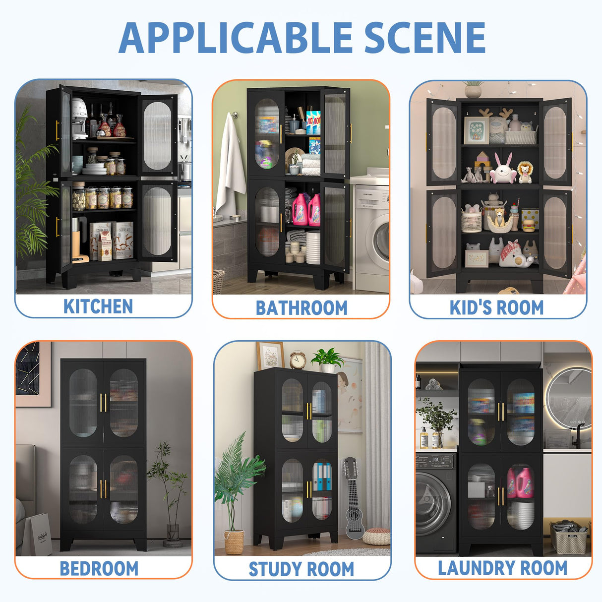 GAIOUS Black Kitchen Pantry Cabinet, Pantry Storage Cabinet with Acrylic Glass Doors and Adjustable Shelves, Metal Storage Cabinet for Kitchen, GAIOUS