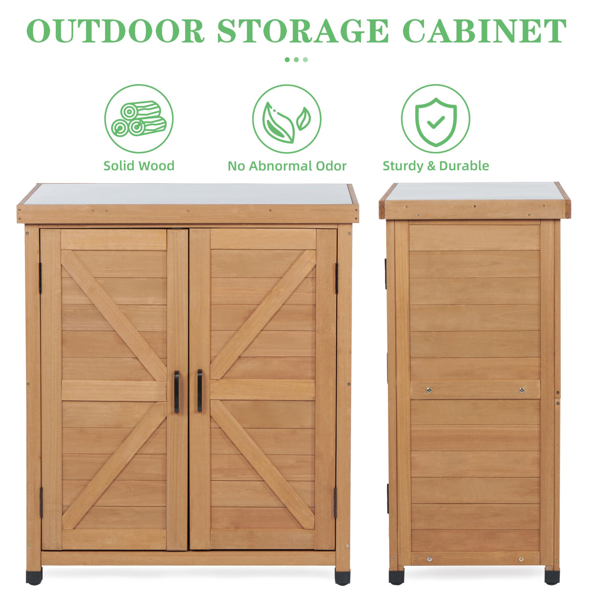 Outdoor Potting Bench with Storage Cabinet and Metal Top, Wood Workstation for Outdoor Patio, Garden (Light Brown, 31x17x36‘’) Wood-Natrl