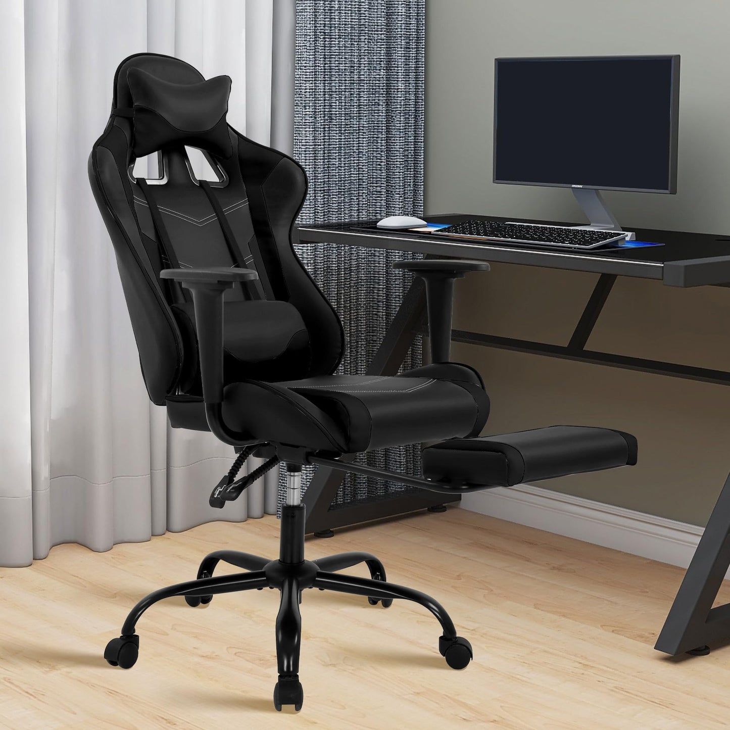 Gaming Chair, High Back PU Leather Gaming Chairs Computer Chair with Headrest & Lumbar Support, Height Adjustable Wide Seat Gamer Chair Gaming Chairs for Adults, Game Chair with Footrest & Armrest