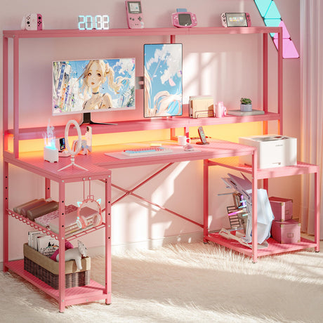 Bestier LED Computer Desk with Power Outlets, 71 inch Gaming Desk with Hutch and Monitor Stand, L Shaped Desk with Storage Shelf, Corner Desk for Home Office, Pink Bestier