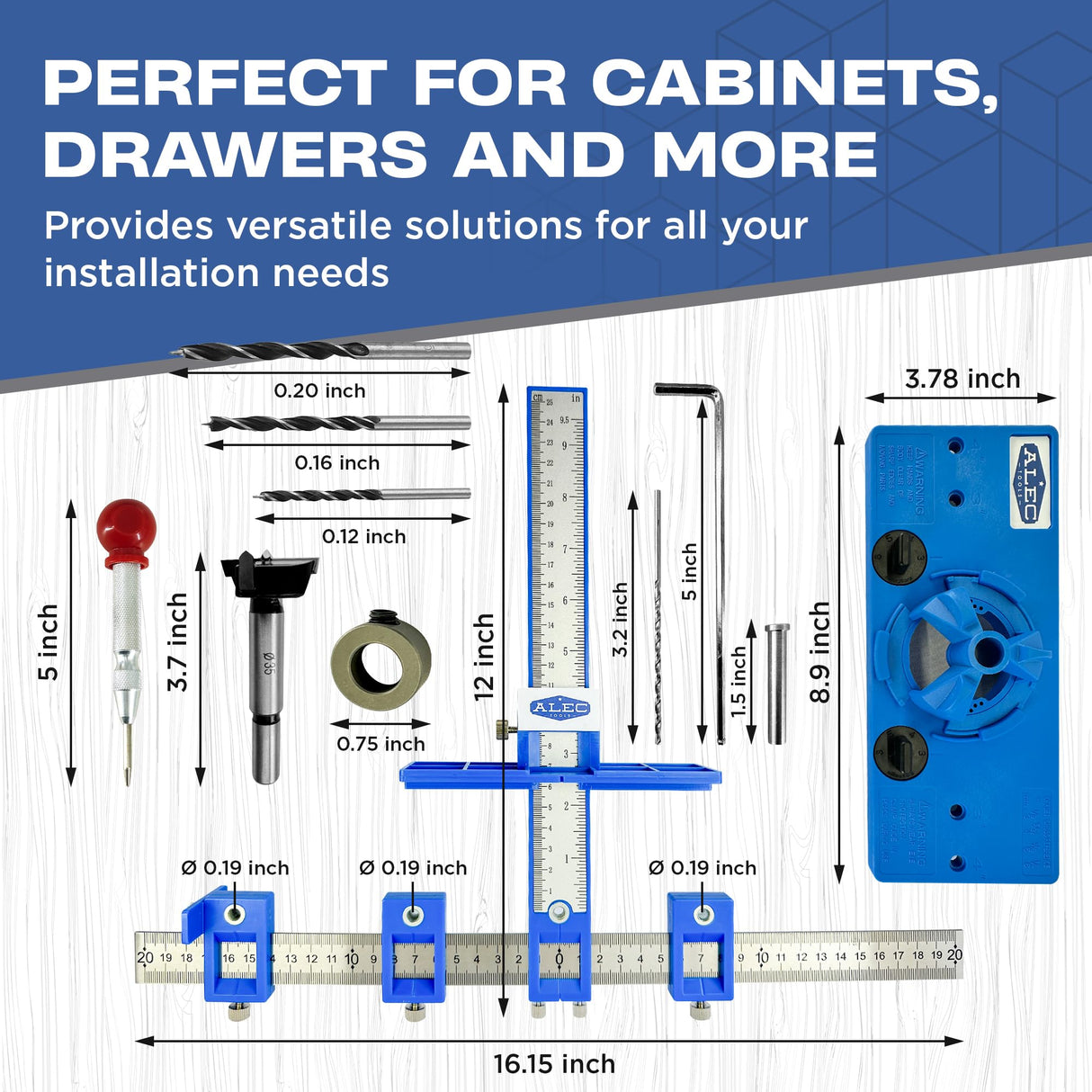 Alec Tools Cabinet Installation Tools Complete Set - Adjustable Cabinet Hardware Jig Kit for Handles, Knobs, Drawer Pulls - Cabinet Handle Jig, Concealed Hinge Jig, Automatic Center Punch, Drill Bits Alec Tools