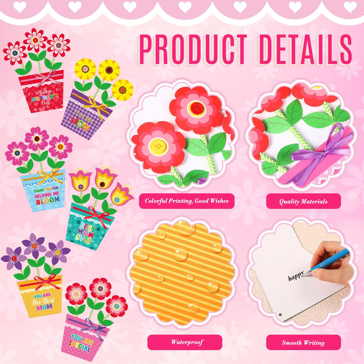Kosiz 24 Sets Mother's Day Crafts Kit for Kids Flower Card Making Kit with Buttons Straws Ribbon DIY Flower Pot Handmade Greeting Card for Mother's Day Gift Home School Classroom Art Activities Kosiz