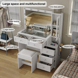 CollaredEagle 43" W Vanity Desk with Mirror & 11 Lights, 5 Drawer Modern Makeup Desk with Glass top & Cushioned Stool, 3 Lighting Modes Brightness Adjustable,Power Outlet,Bedroom，White CollaredEagle