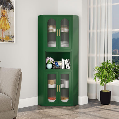 pozdeg 64"" Tall Corner Cabinet, Metal Storage Cabinet with 4 Doors and 1 Open Display Storage Shelves, Farmhouse Corner Cabinet for Bathroom Living Room Bedroom Kitchen or Hallways (Green) pozdeg