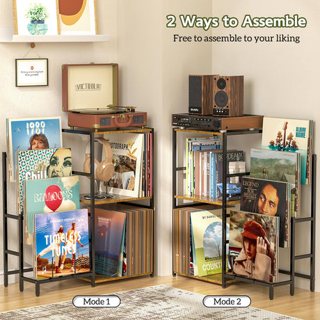 Record Player Stand, Turntable Stand with 4-Tier Vinyl Record Storage, Record Player Table Up to 200 Albums, End Table for Vinyl Records, Vinyl Record Stand for Living Room ThreeHio