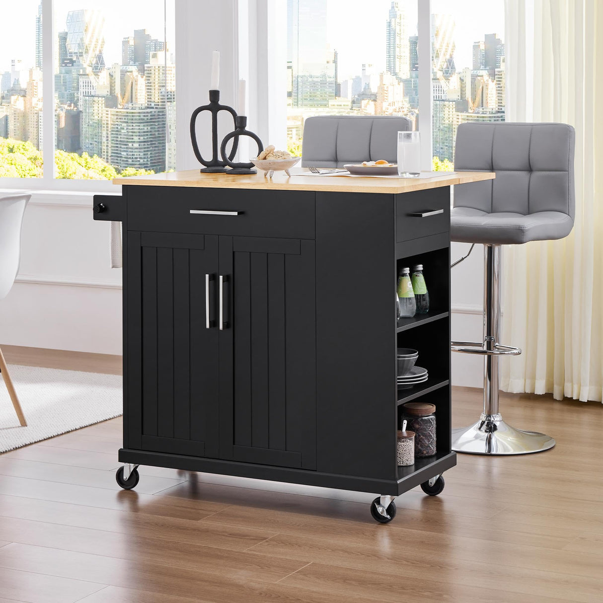 Yaheetech Rolling Kitchen Island Cart with Drop Leaf, Portable Rubberwood Breakfast Bar with Storage Cabinet, Open Shelves & Detachable Towel, 2 Drawers, Black Yaheetech