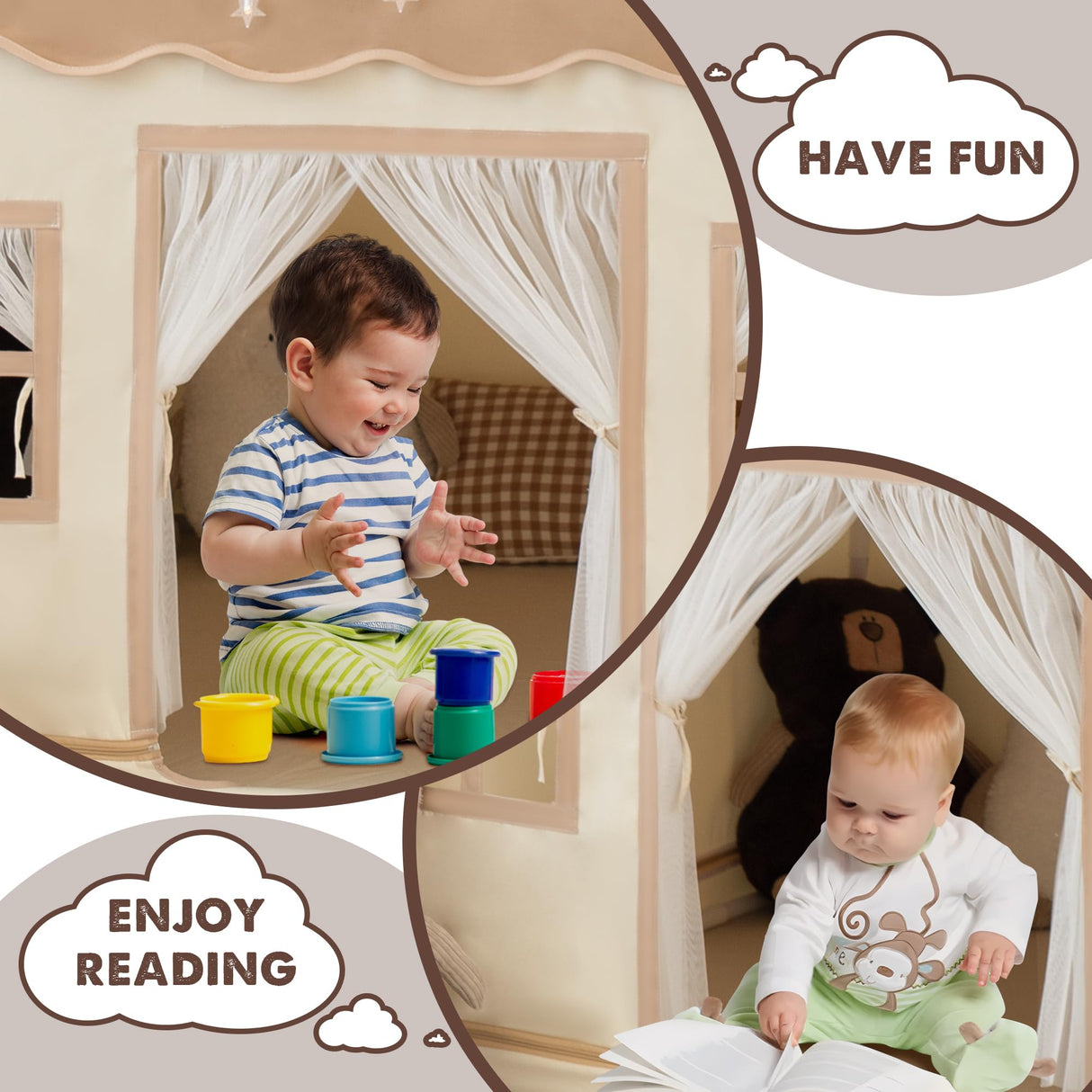 Duwenem Kids Tent with Basic Mat Large Kids Playhouse Indoor with Star Light Toddler Play Tent for Kids Toy House Gift 52“x47”x 40“(Coffee Cream) Duwenem