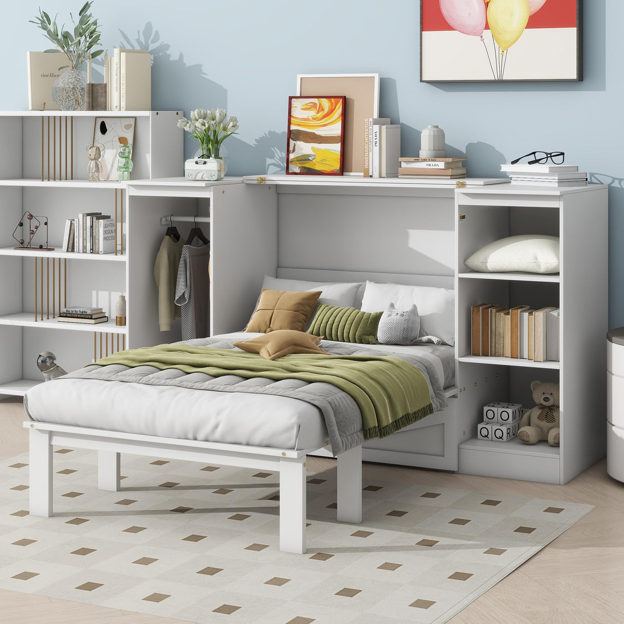FAVSH Twin Size Murphy Bed with Bedside Shelves & Wardrobe, Wooden Wall Bed with Storage Drawer+Bookcase, Space-Saving Hidden Bed, Easy Assembly FAVSH