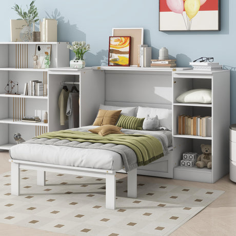 FAVSH Twin Size Murphy Bed with Bedside Shelves & Wardrobe, Wooden Wall Bed with Storage Drawer+Bookcase, Space-Saving Hidden Bed, Easy Assembly FAVSH