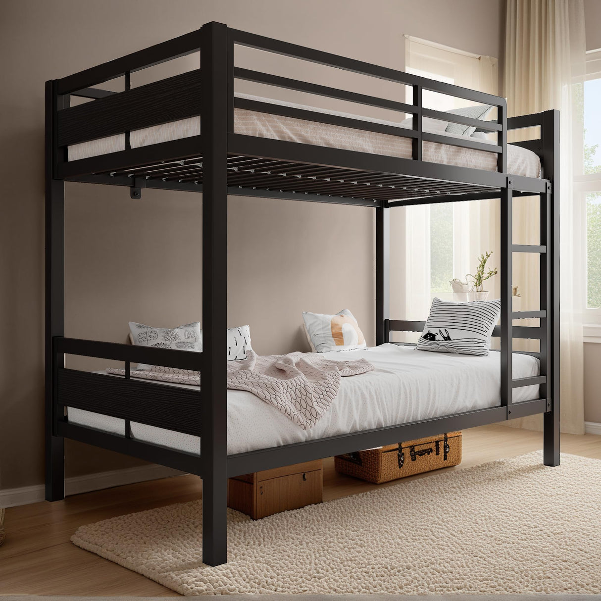 nesture. Bunk Bed Twin Over Twin, Heavy Duty Metal Bunkbeds with Full-Length Guardrail, Space-Saving Steel Bed for Kids & Adults, No Box Spring Required, Black nesture.