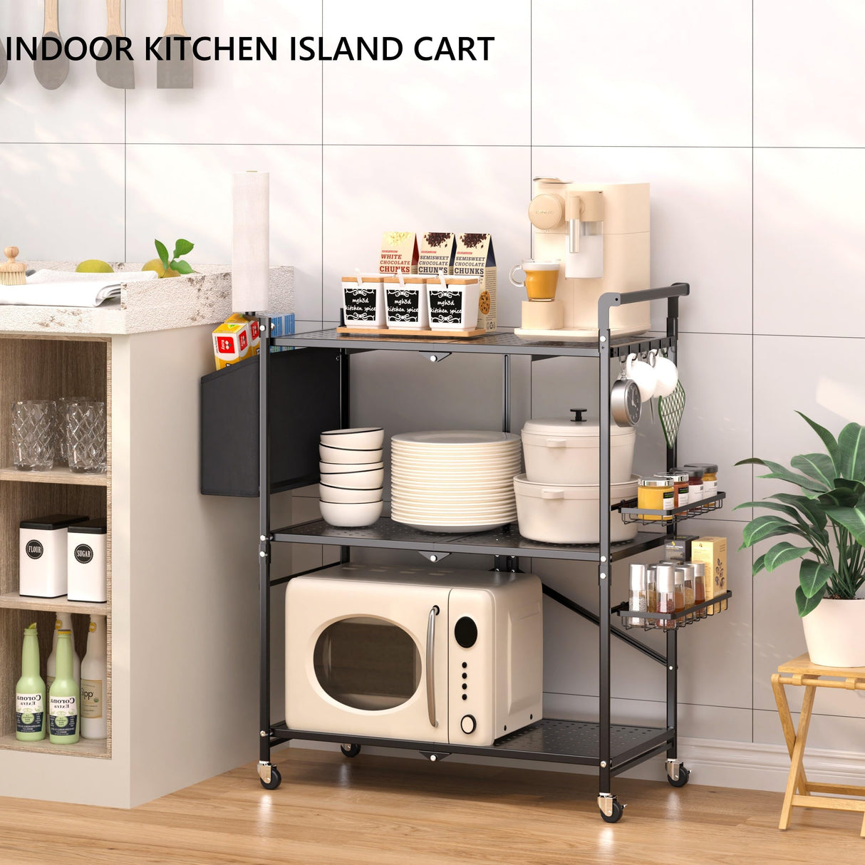 DTUQYX Rolling Kitchen Cart with Baskets: 3-Tier Microwave Stand Carts with Wheels, Kitchen Storage Rack, Foldable Outdoor Grill Cart, Utility Cart, Kitchen Island Serving Cart for Home,Camping DTUQYX