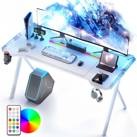 Dowinx Gaming Desk with LED Lights, RGB Gaming Computer Table with Carbon Fibre Surface, LED Home Office Desk with Remote Control, Pc Workstation with Cup Holder and Headphone Hook, 63 Inch, White Dowinx