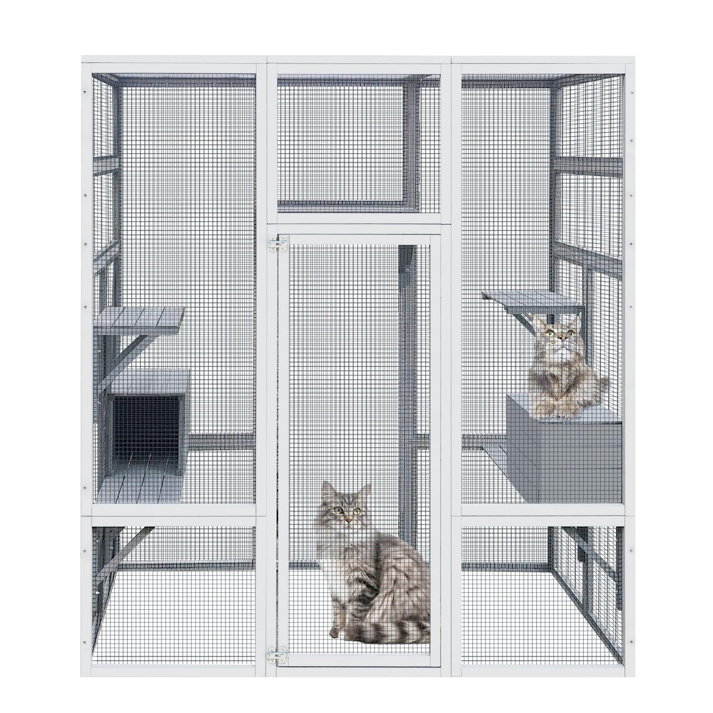 SONGG Wooden Catio Outdoor Cat Enclosure w/ 2 Napping Houses, 62.6" Luxury Kitty-House with 7 Jumping Platforms & Weatherproof Asphalt Roof, Walk-in Kitty Kennel Condo Shelter - WoodArtSupply