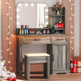 HNEBC Vanity Desk with Mirror and Lights, LED Makeup Vanity with Charging Station(USB+Type-C+2 Outlet), Farmhouse Vanitys Dressing Table with Drawer/11 Bulb,Vanity Chair with Storage (Rustic Brown) HNEBC