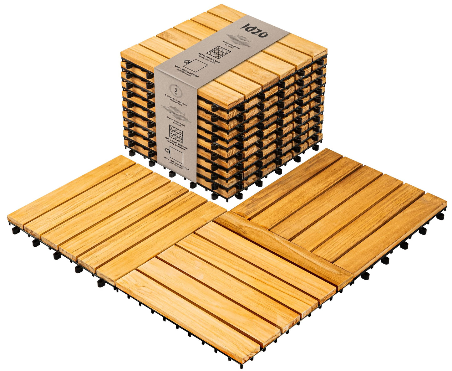 Idzo Set of 10 Premium Teak Deck Tiles, Distinctive Teak Wood Flooring with Innate Oil That Can Withstand Water & Weather Elements, 3 Seconds Snap-Lock Teak Shower Tiles with Stable Mesh Base - WoodArtSupply