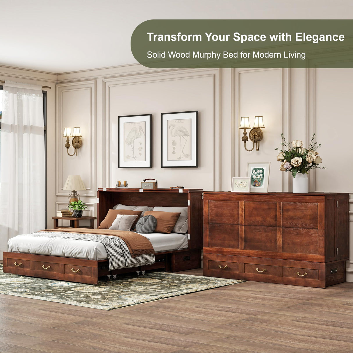 EITACHUL Solid Wood Murphy Storage Bed: Queen Size Murphy Bed with USB Port and Strong Drawer for Bedroom/Guest Room/Living Room（Mattress Not Included） Shadow Black-16 EITACHUL