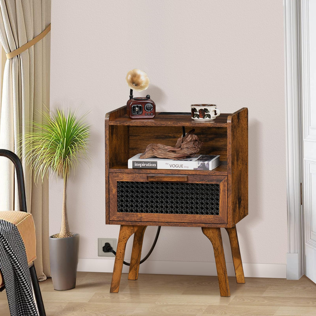 Lerliuo Rattan Nightstands Set of 2 with Charging Station, Boho Side Table with Drawer Open Shelf, Cane Accent Bedside End Table with Solid Wood Legs for Bedroom, Dorm and Small Spaces (Brown) Lerliuo