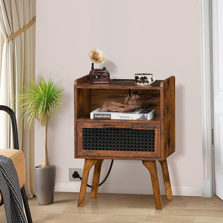 Lerliuo Rattan Nightstands Set of 2 with Charging Station, Boho Side Table with Drawer Open Shelf, Cane Accent Bedside End Table with Solid Wood Legs for Bedroom, Dorm and Small Spaces (Brown) Lerliuo
