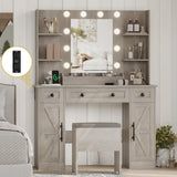 Vanity Makeup Desk with Mirror and Lights, Farmhouse Vanity Table Set with Storage Drawers, Charging Station & Chair, 43" Large Rustic Dressing Table, 3 Lighting Modes for Women Girls Bedroom, Grey Xixini