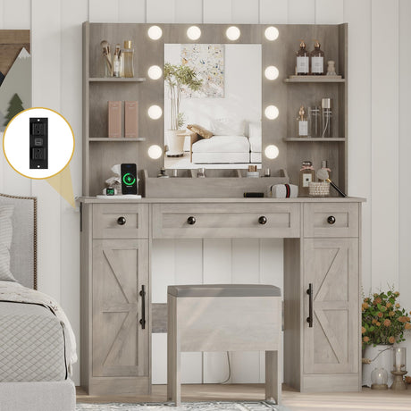 Vanity Makeup Desk with Mirror and Lights, Farmhouse Vanity Table Set with Storage Drawers, Charging Station & Chair, 43" Large Rustic Dressing Table, 3 Lighting Modes for Women Girls Bedroom, Grey Xixini