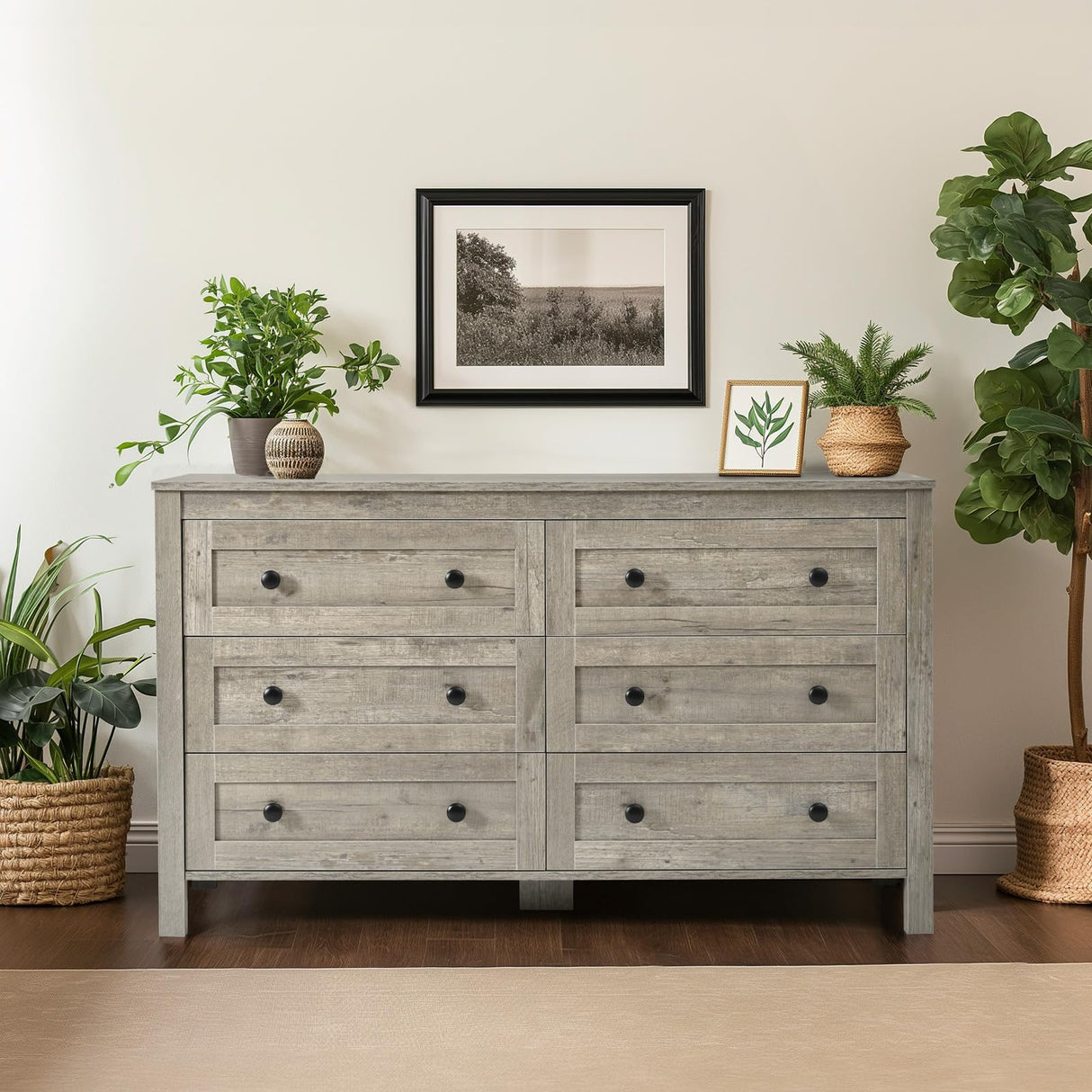 HALLYBEE Farmhouse 6 Drawer Dresser for Bedroom, 54" Long Wood Chest of Drawers with Round Metal Handle, Storage Dresser Organizer, TV Stand Dresser for Bedroom, Living Room, Hallway, Light Rustic Oak HALLYBEE